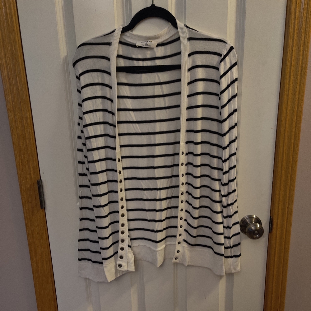 Zenana White and Black Striped Cardigan Sweater